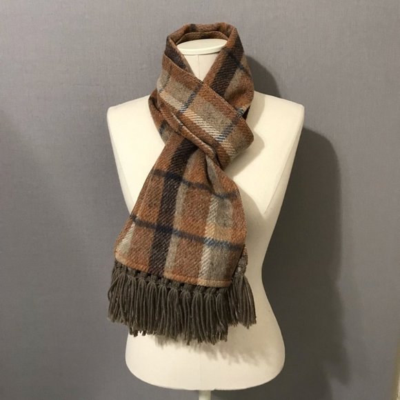 Brown Tan Taupe Plaid Wool Scarf - Picture 2 of 8